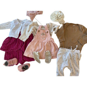 3-6m girl outfit bundle Tea, carters, outbaks leather shoes, 3 outfits mix&match